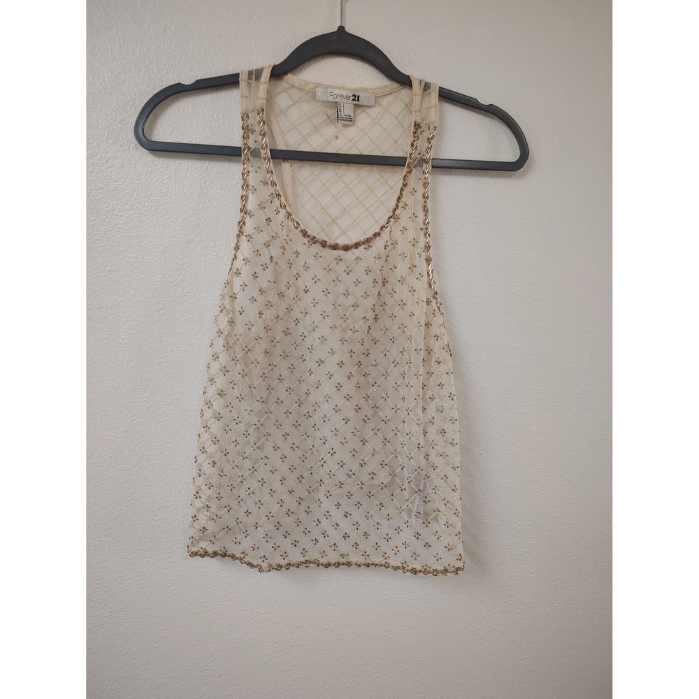 Forever 21 Women Gold Beaded Mesh Tank Top Sheer Racerback‎ Cream Large